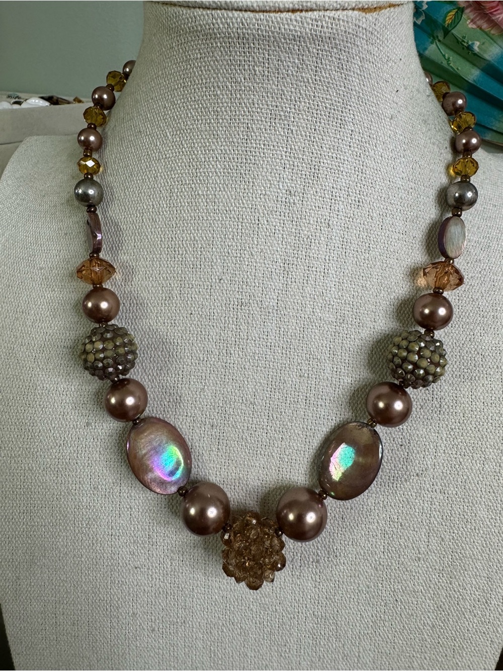 Erica Lyons Iridescent Pearl & Amber Beaded Statement Necklace